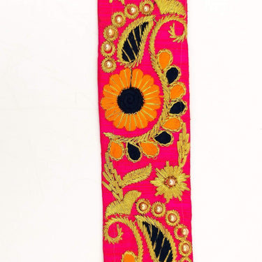 Fuchsia Pink Art Silk Lace Trim, Floral Embroidery in Orange, Black and Gold